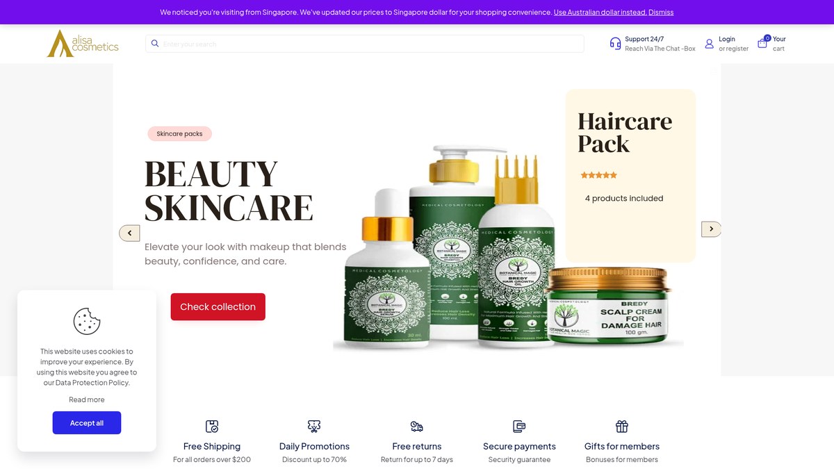Alisa Cosmetics live storefront screenshot